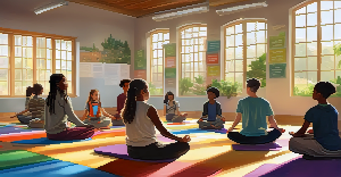 A calming classroom with students of various backgrounds meditating together on colorful mats, illuminated by sunlight from the windows.
