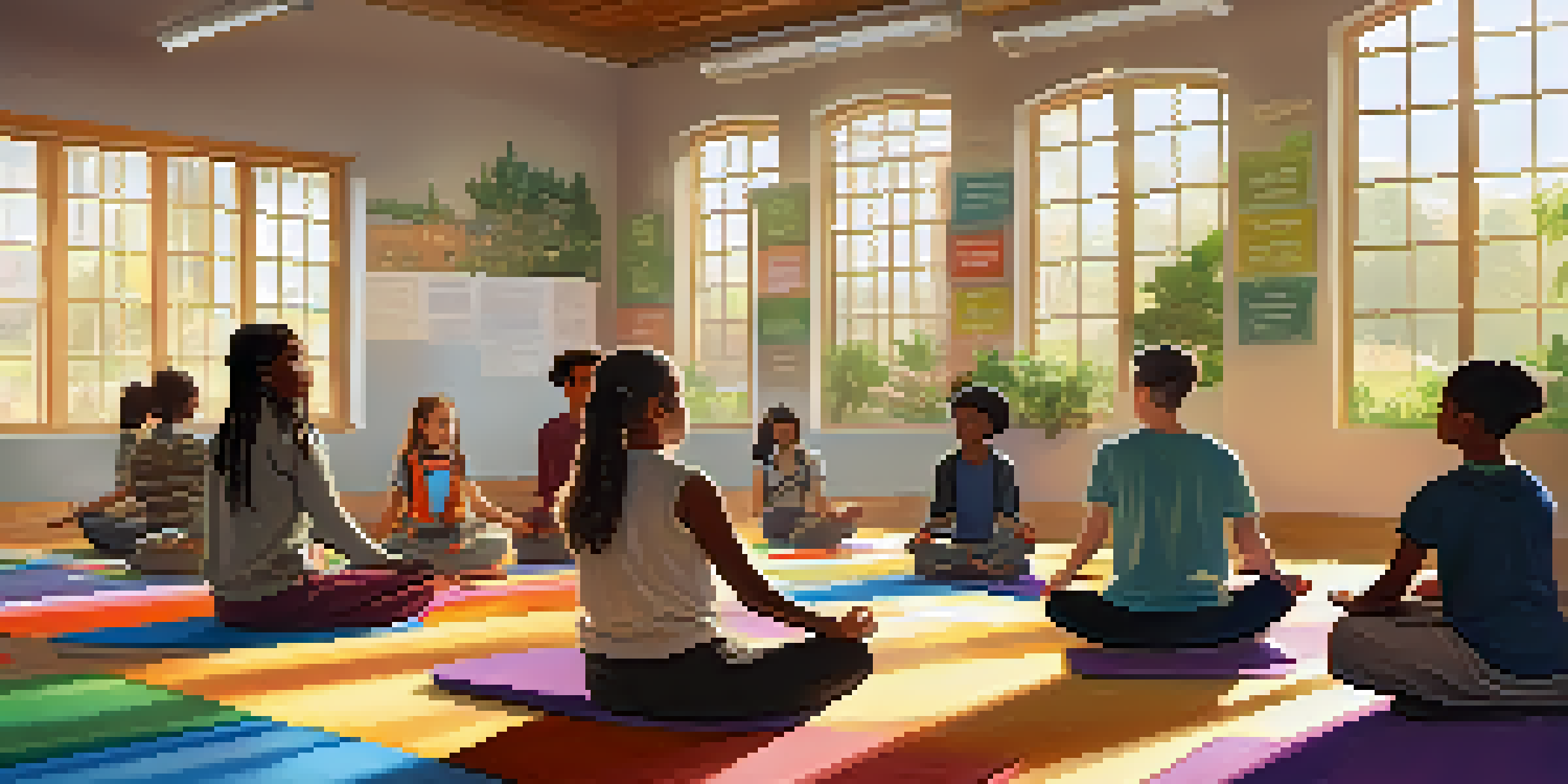 A calming classroom with students of various backgrounds meditating together on colorful mats, illuminated by sunlight from the windows.