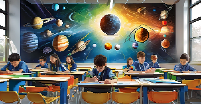 A classroom with students wearing AR headsets, exploring a 3D model of the solar system, with colorful educational materials around them.