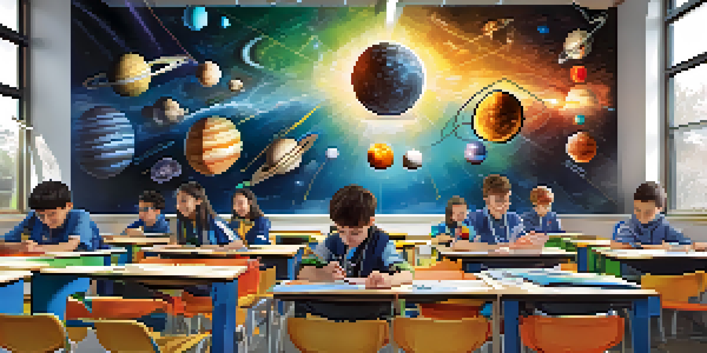 A classroom with students wearing AR headsets, exploring a 3D model of the solar system, with colorful educational materials around them.