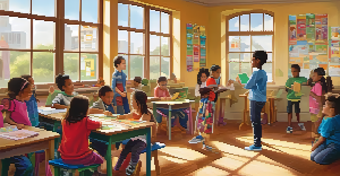 A classroom where diverse children are participating in a group activity, with parents engaging, colorful decorations, and sunlight streaming in.