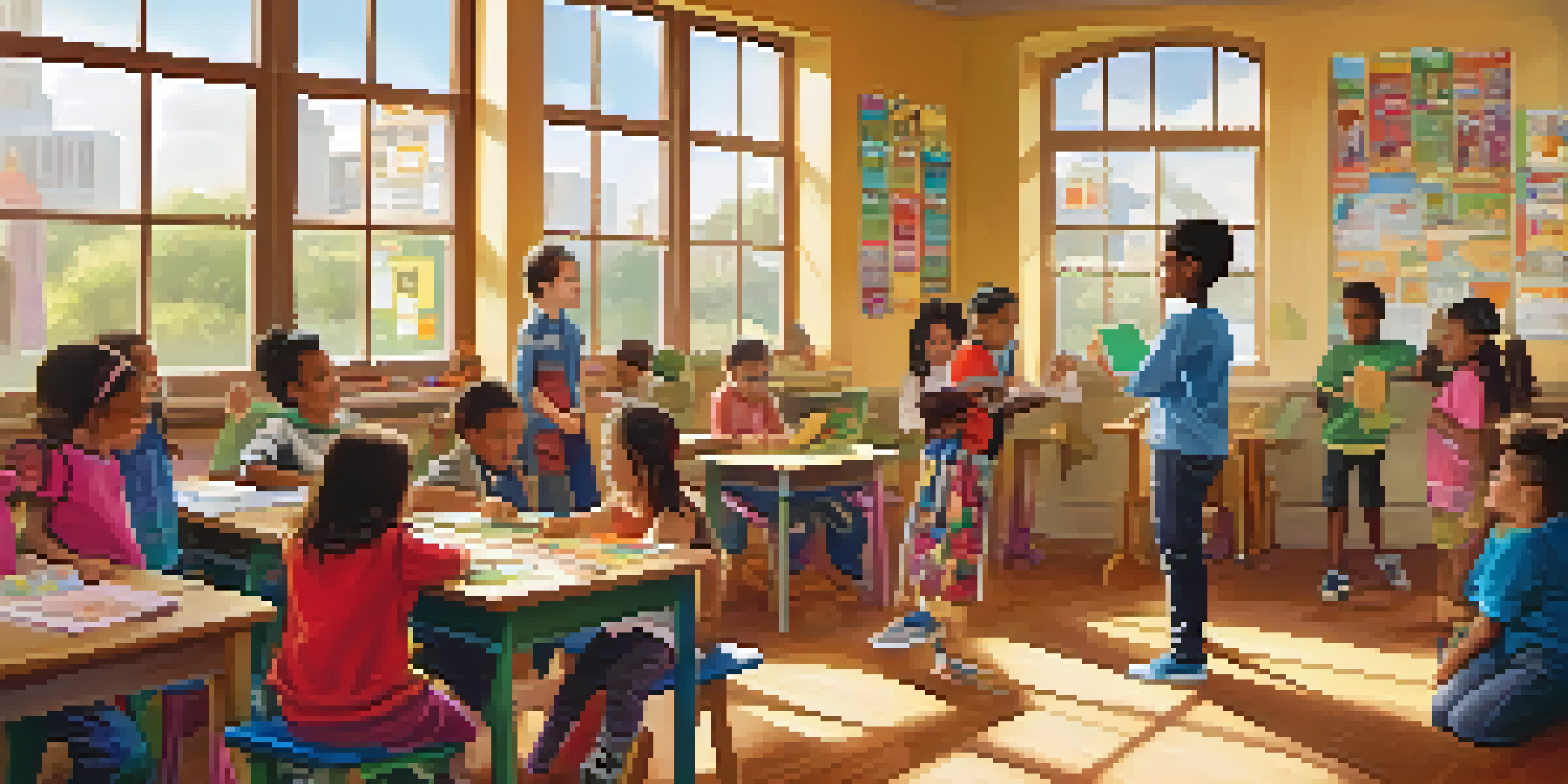 A classroom where diverse children are participating in a group activity, with parents engaging, colorful decorations, and sunlight streaming in.