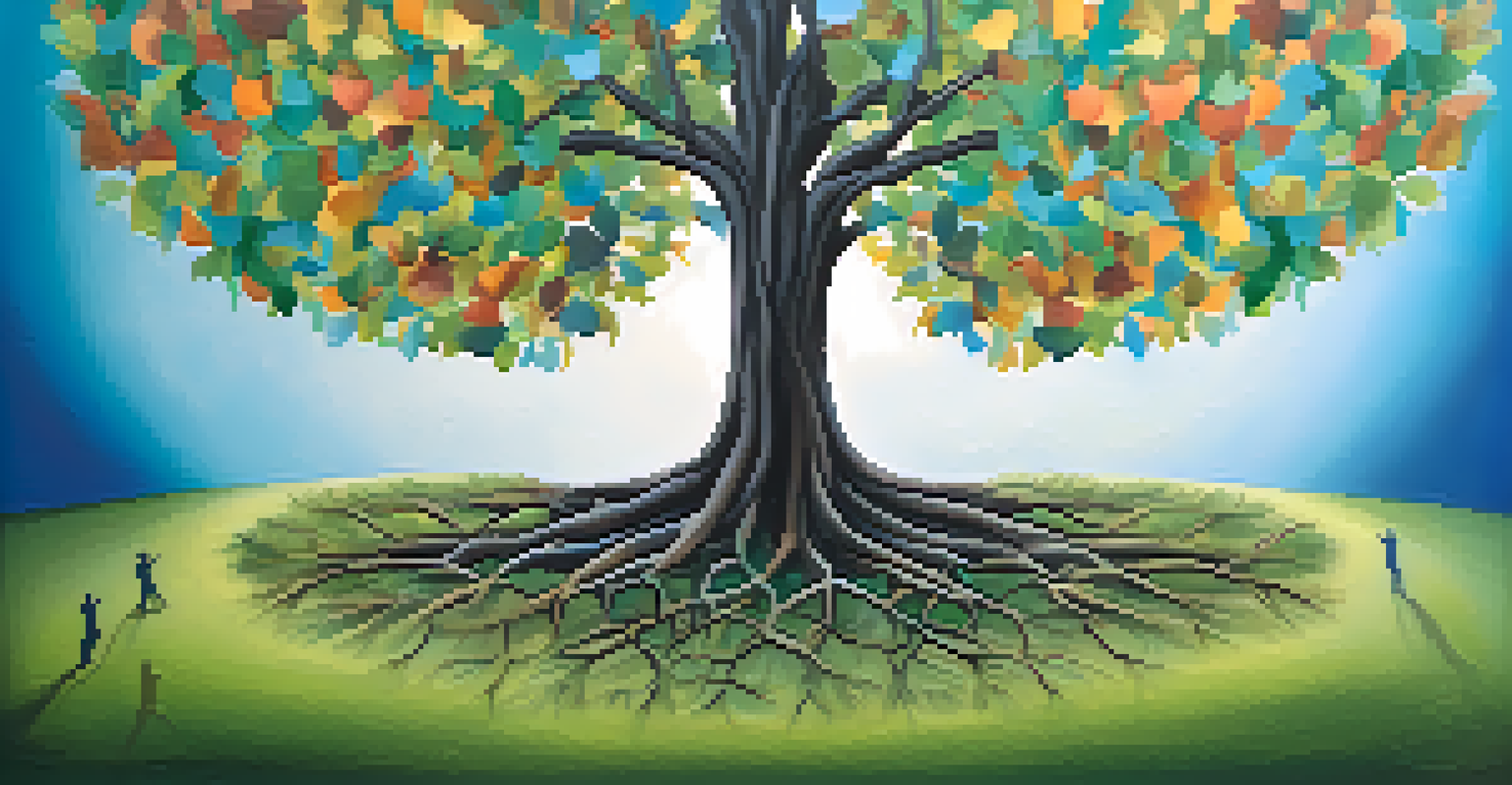 An abstract tree with colorful leaves shaped like human silhouettes, symbolizing emotional intelligence and adaptability against a calming background.