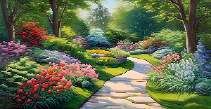 A peaceful garden with blooming flowers, a blue sky, and sunlight shining through trees, symbolizing personal growth.