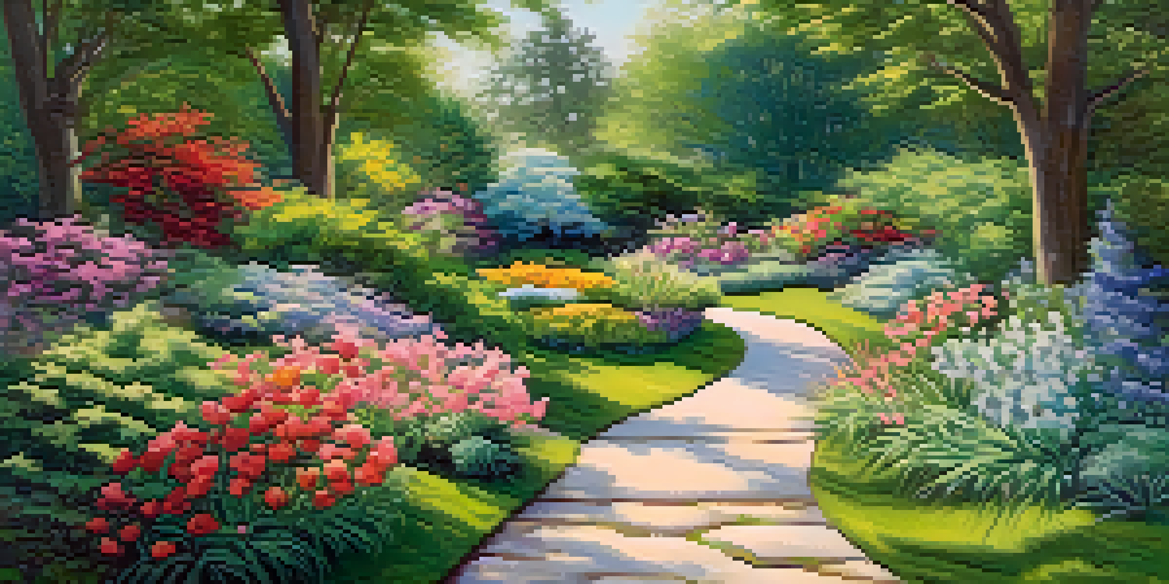 A peaceful garden with blooming flowers, a blue sky, and sunlight shining through trees, symbolizing personal growth.