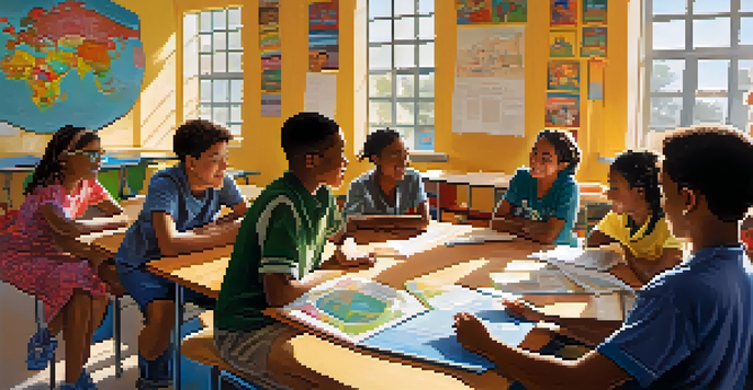 A vibrant classroom filled with students of different ethnicities participating in a group discussion, guided by an empathetic teacher.
