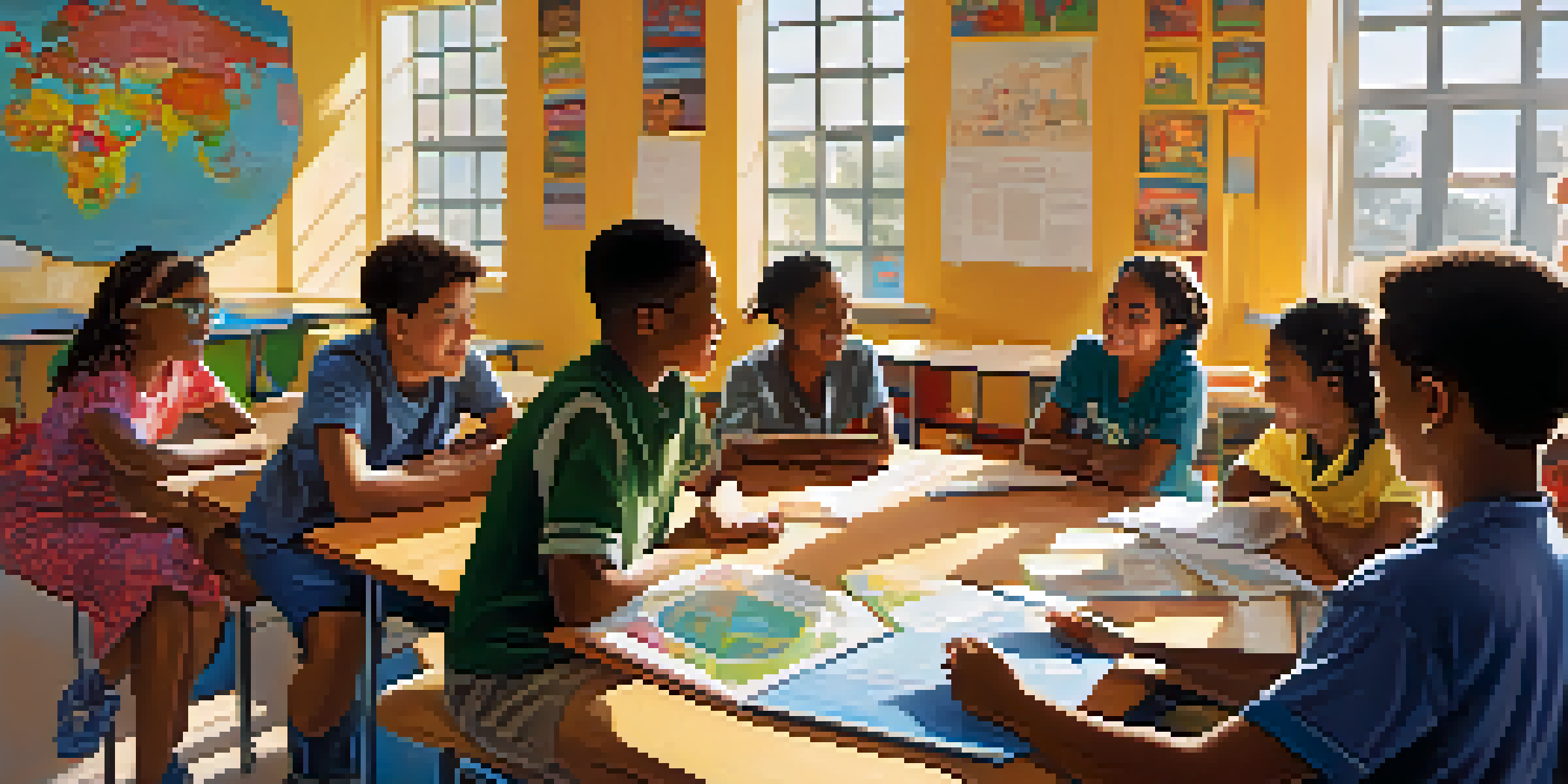 A vibrant classroom filled with students of different ethnicities participating in a group discussion, guided by an empathetic teacher.