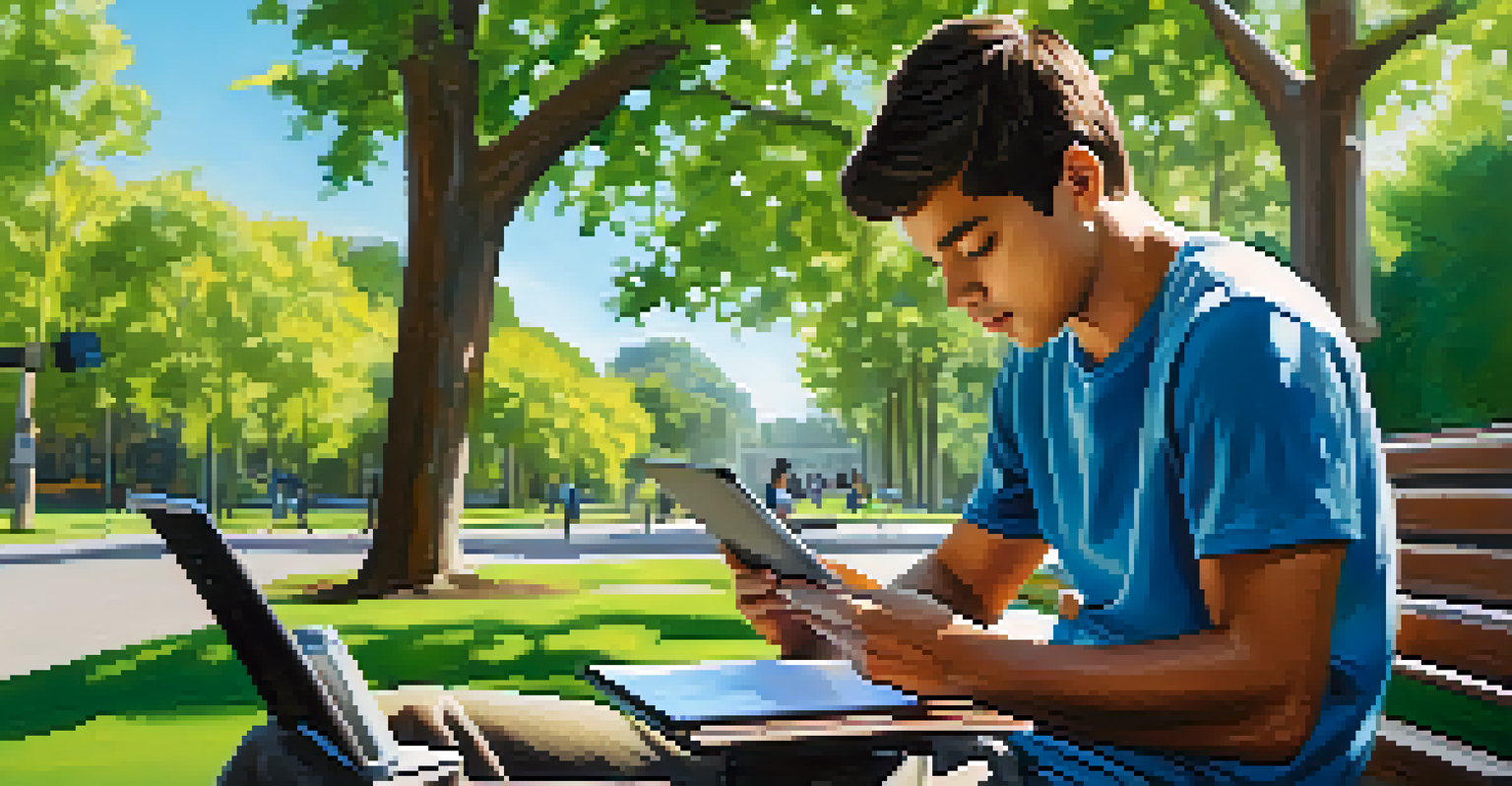 A person studying on a tablet in a park, surrounded by greenery and nature.