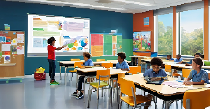 A modern classroom with students using personalized tablets and screens for adaptive learning. The room is filled with natural light and vibrant educational posters, creating an engaging learning environment.