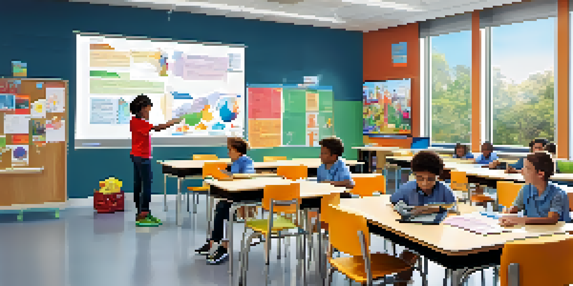 A modern classroom with students using personalized tablets and screens for adaptive learning. The room is filled with natural light and vibrant educational posters, creating an engaging learning environment.