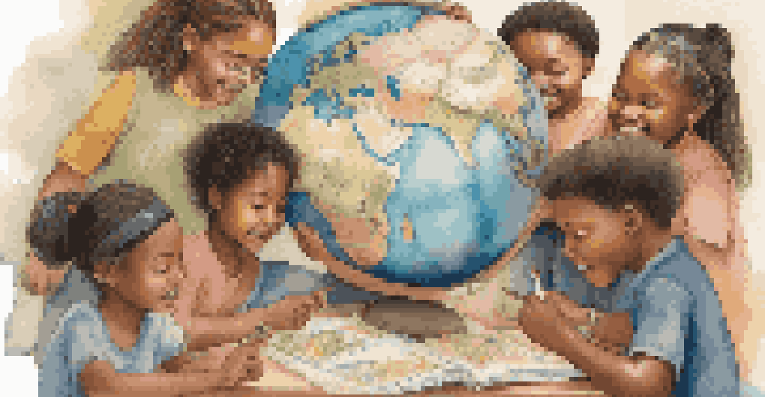 Children of diverse backgrounds collaborating on a project with cultural elements, smiling and engaged in teamwork, surrounded by educational materials.