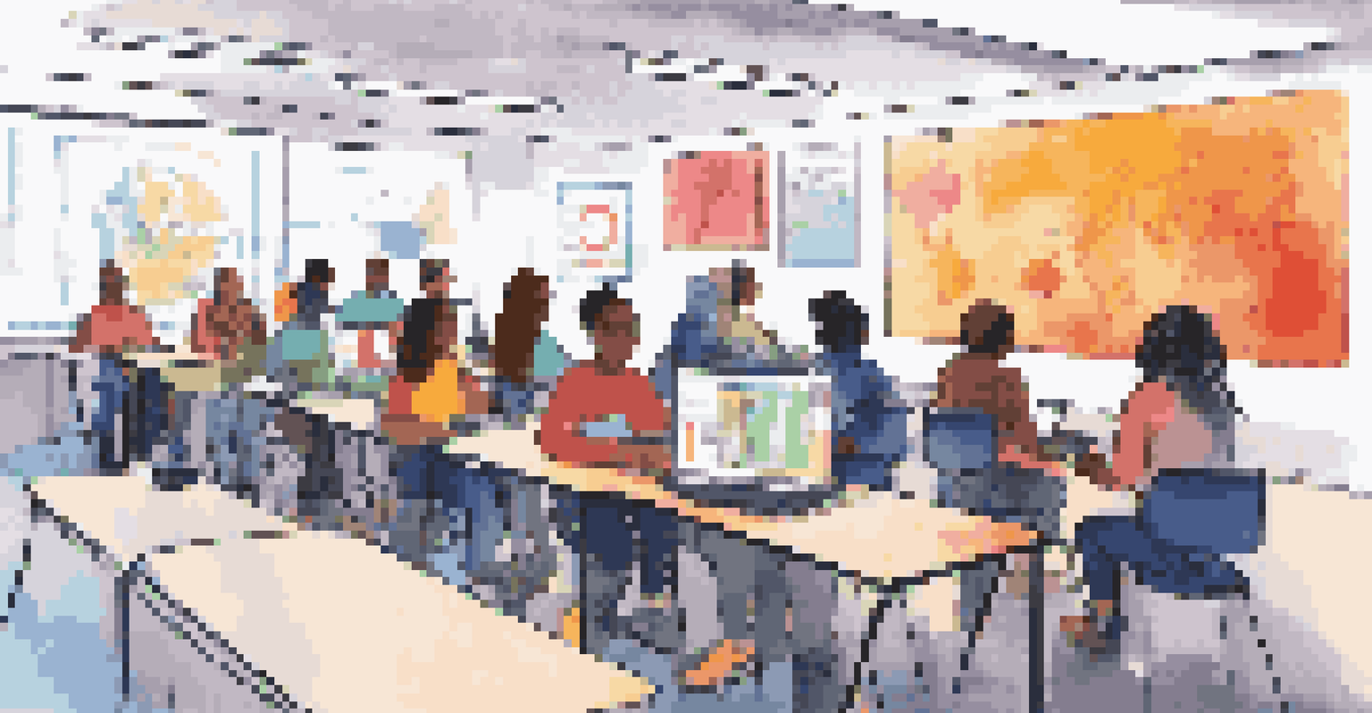 Students in a workshop learning about digital literacy with screens showing online safety guidelines, surrounded by modern technology.