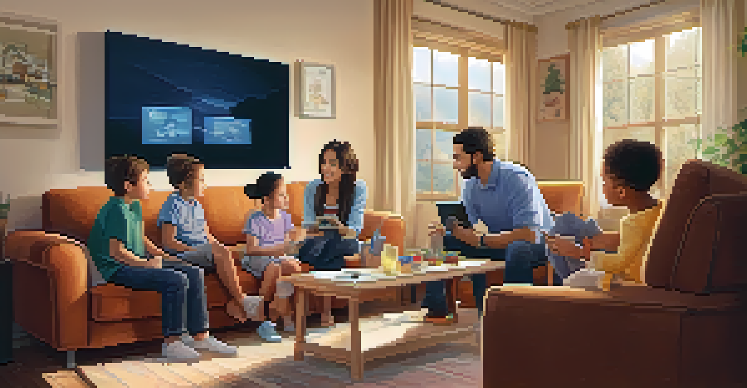 A family discussing digital citizenship while looking at a tablet in a warm and inviting living room.