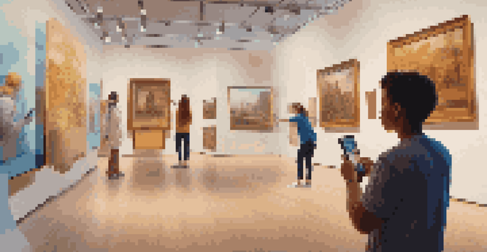 A student using a smartphone to interact with augmented reality in a museum, with digital labels and animations visible on artifacts.