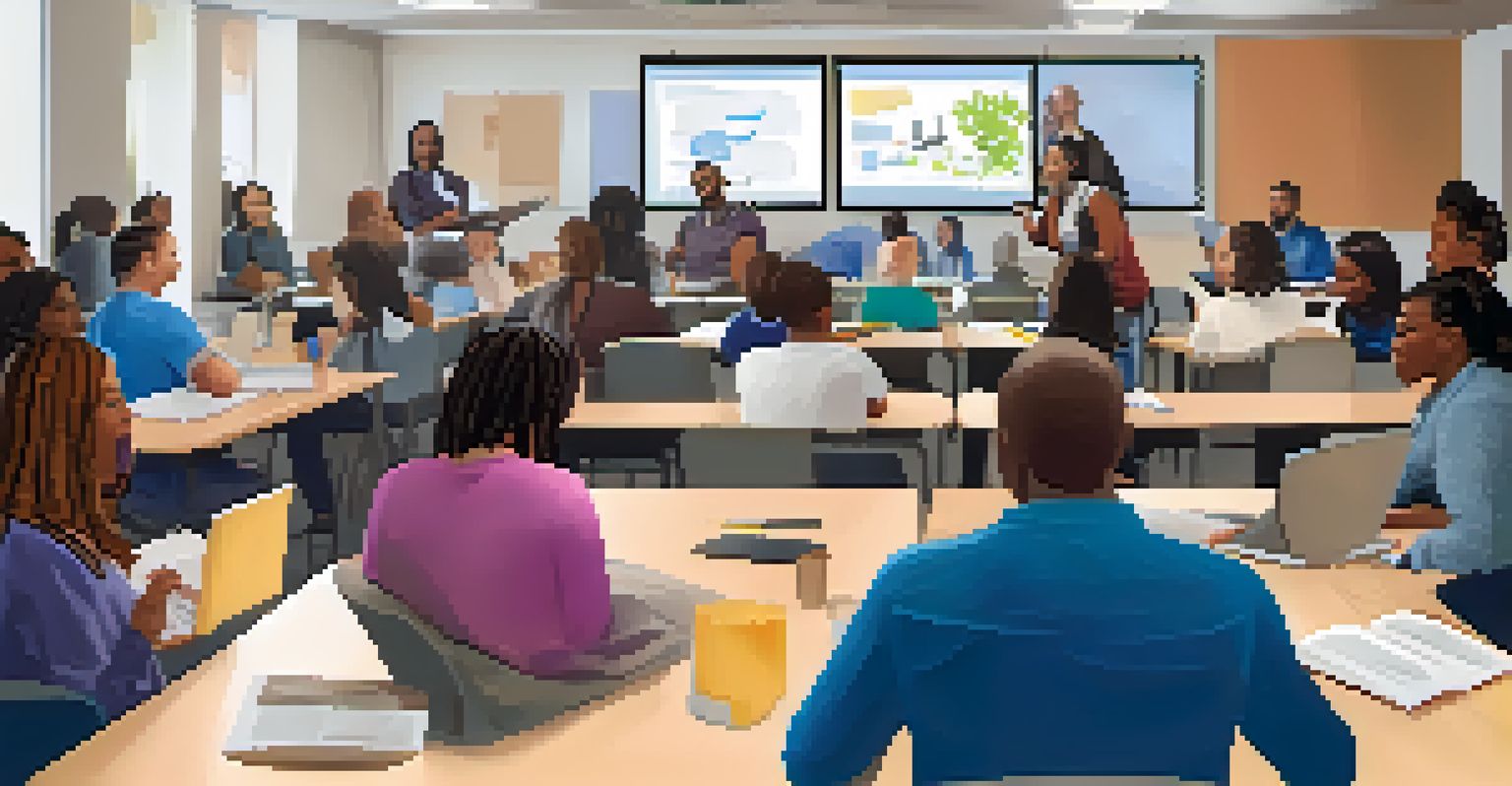 A workshop setting with diverse parents learning about blended learning, focused on laptops and engaging in discussion.