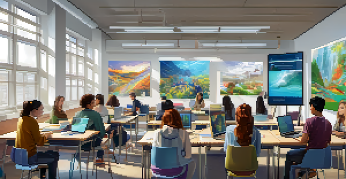 A diverse group of students collaborating in a bright classroom with laptops and educational materials.