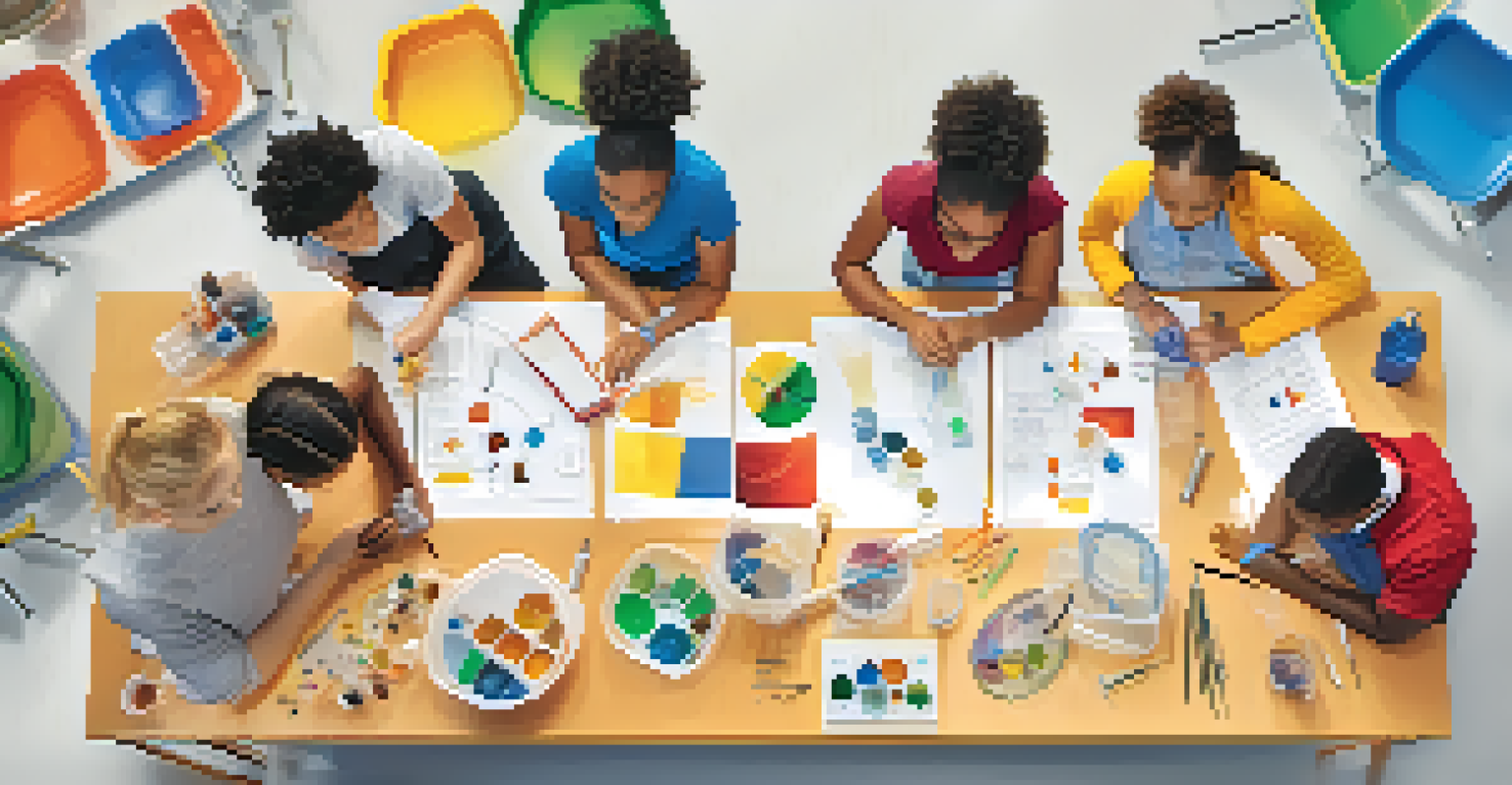 A diverse group of students collaborating on a science experiment in a bright classroom, showcasing engagement and teamwork.