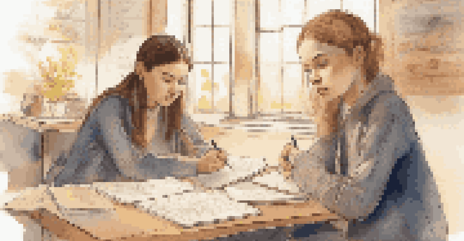 Two students engaged in peer learning, one explaining a concept while the other listens attentively, surrounded by notes and diagrams.