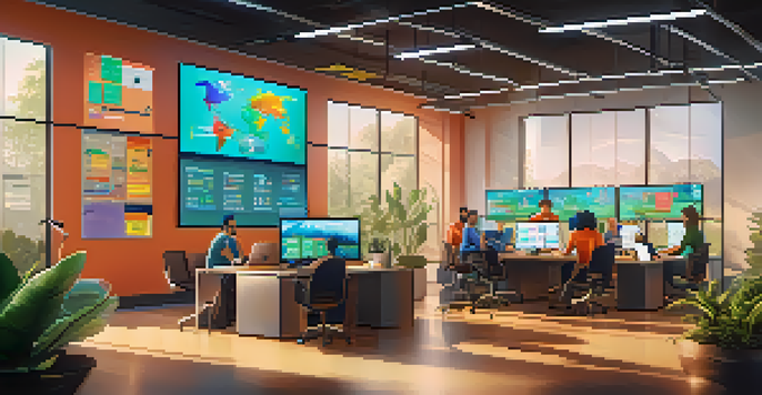 A diverse group of employees in a bright office engaging in a gamified problem-solving session around a large interactive screen.