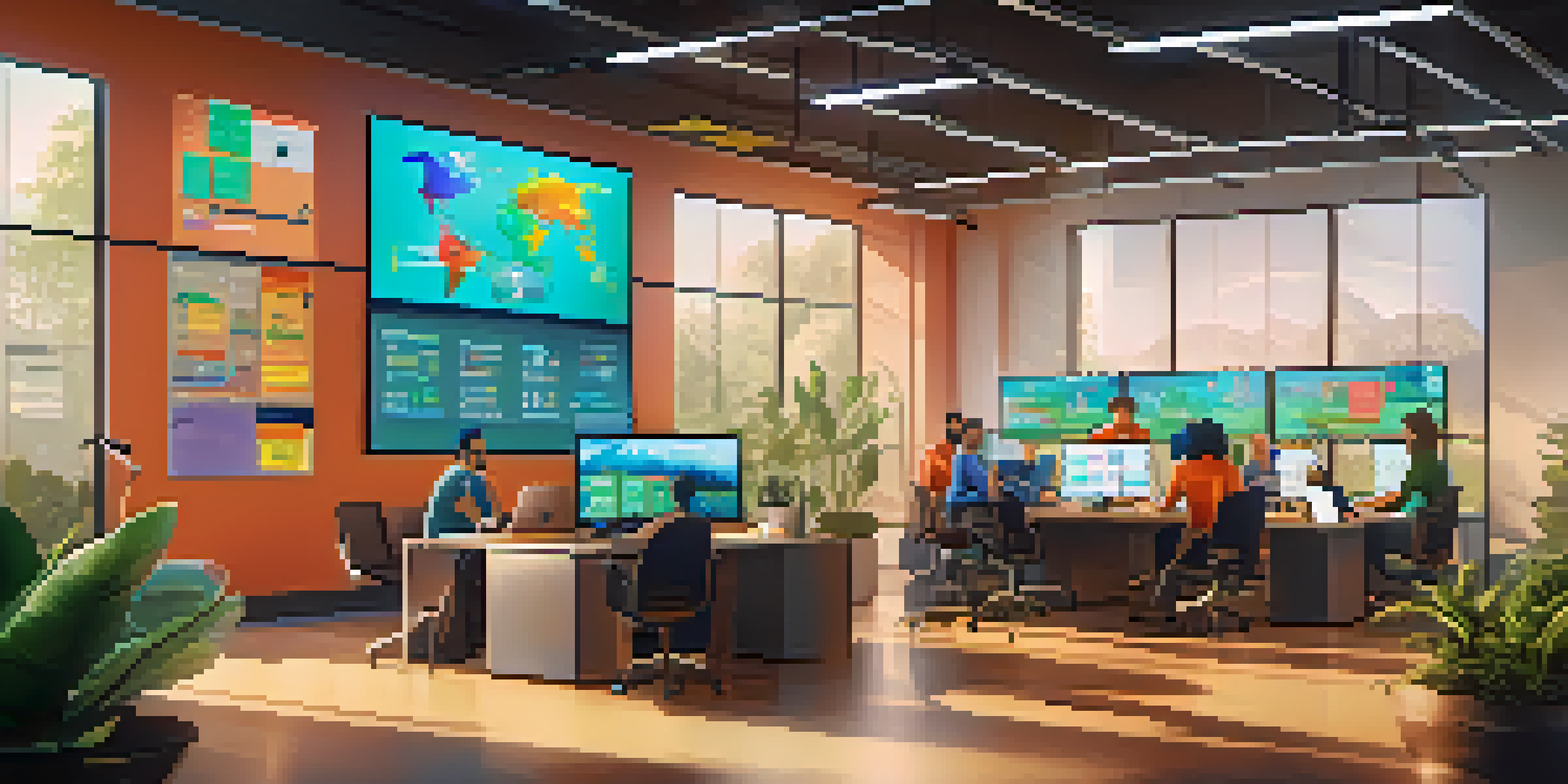 A diverse group of employees in a bright office engaging in a gamified problem-solving session around a large interactive screen.