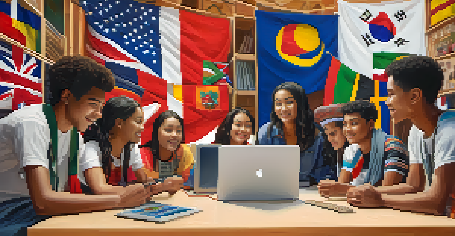 Students from various cultures collaborating on a project through video conferencing, with cultural elements around them.