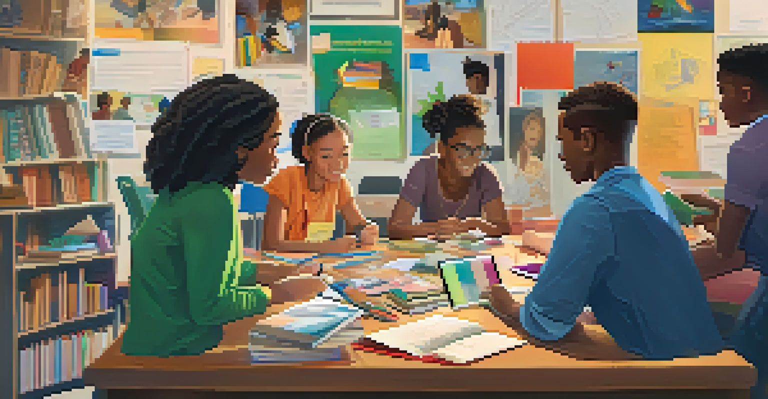 A diverse group of people sharing ideas and resources around a table, with books and tablets, symbolizing collaboration in self-directed learning.