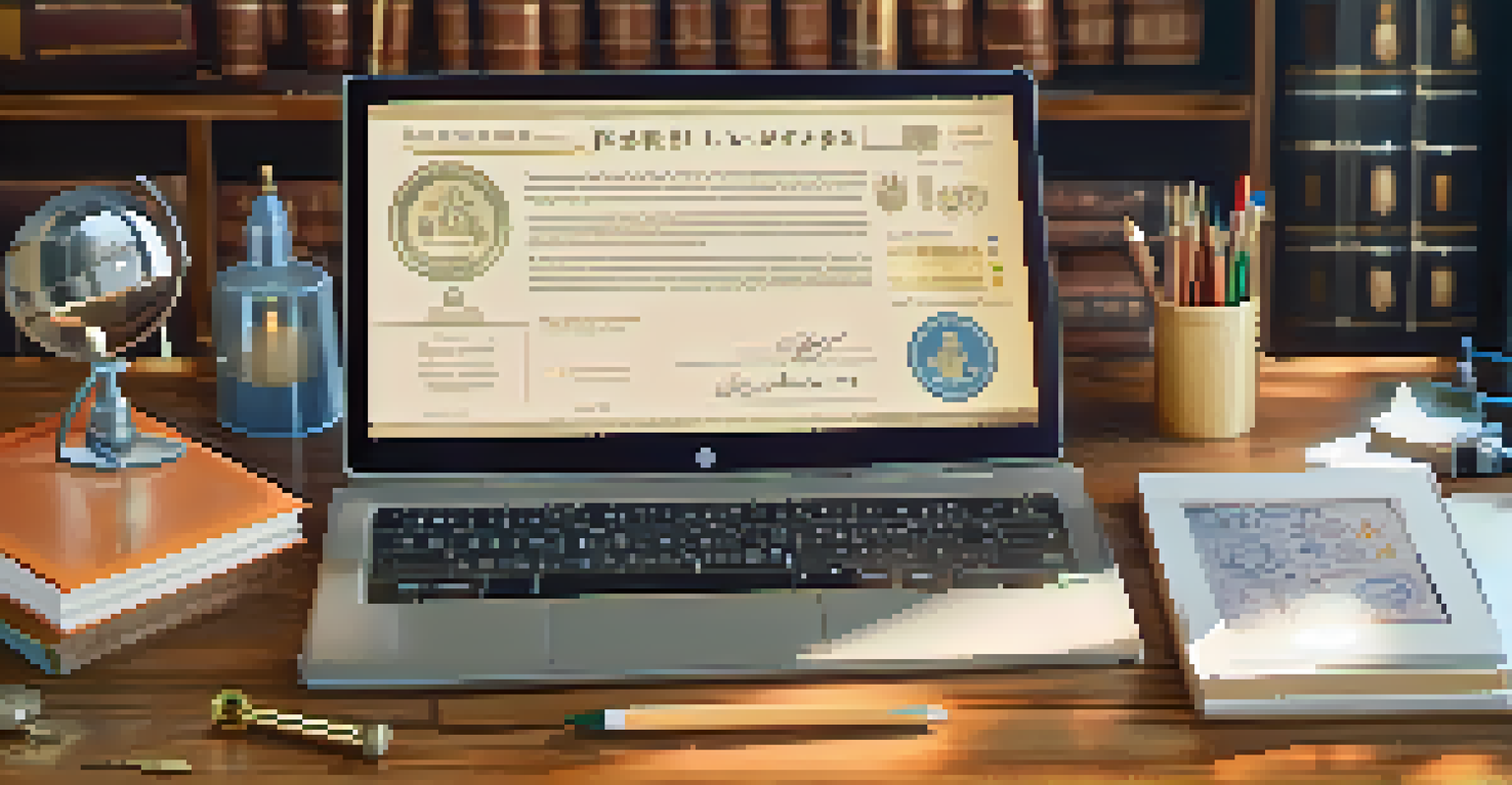 A digital diploma on a tablet surrounded by icons of skills and certifications, highlighting the verification symbol of blockchain.