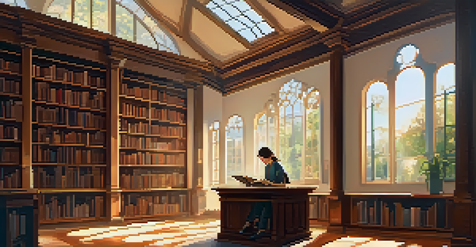 A student in a quiet library reading a book at a wooden table with a laptop and notebook, surrounded by bookshelves.