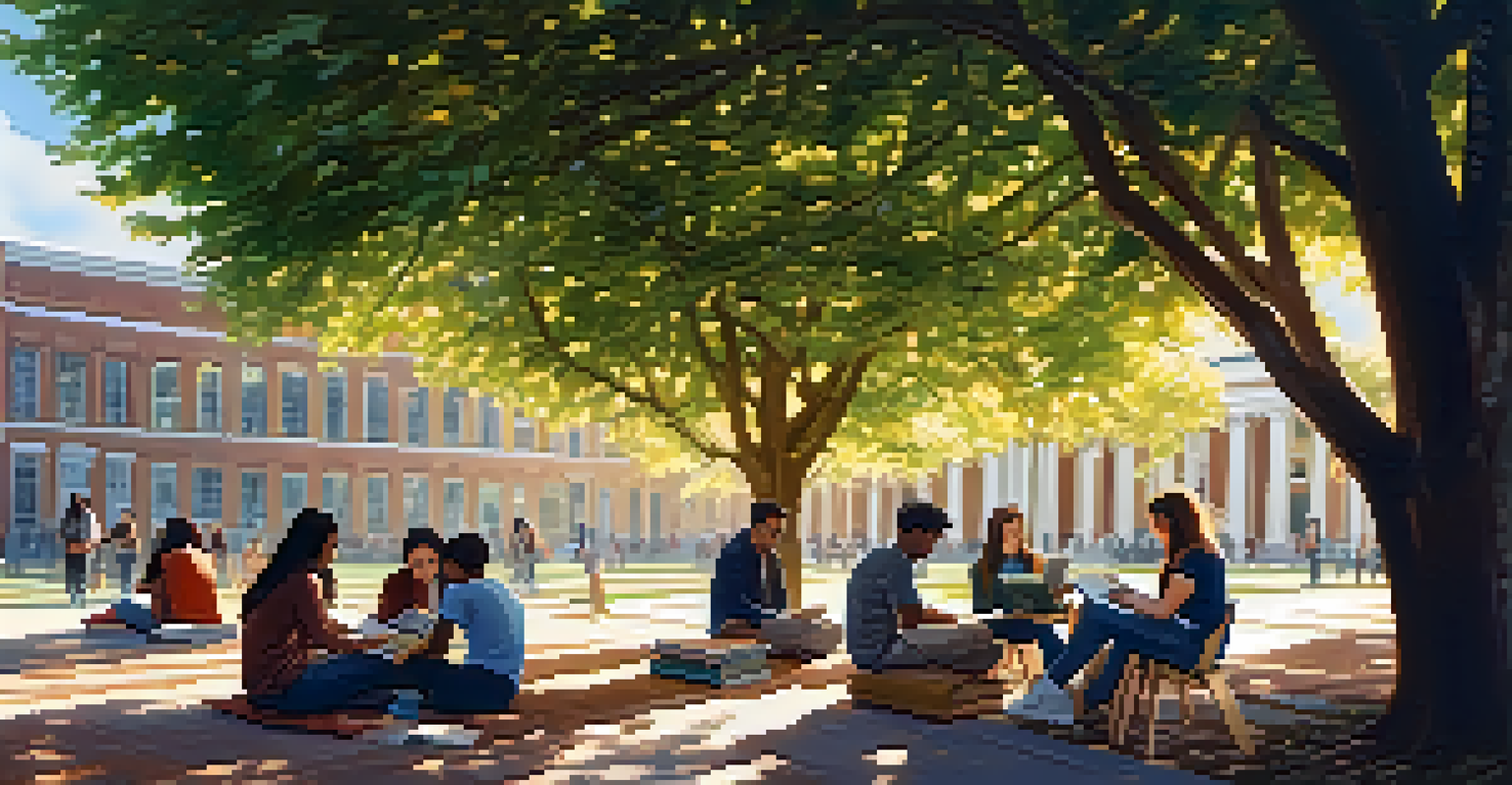 Students discussing under a tree on a university campus, with books and laptops, in a serene and reflective atmosphere.