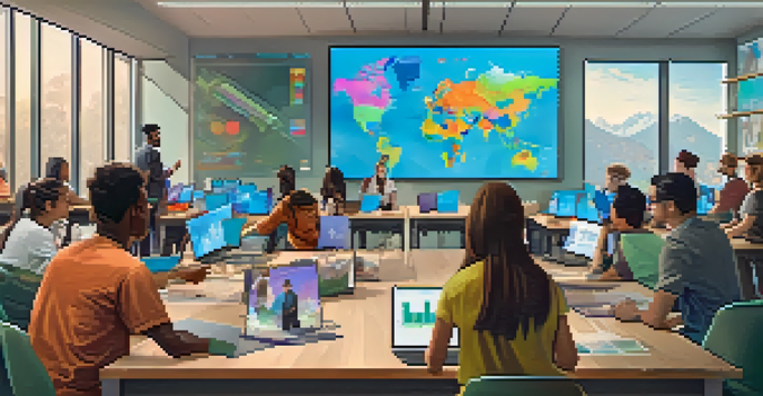 A diverse group of students collaborating in a virtual classroom, engaged in a project with colorful digital screens around them.