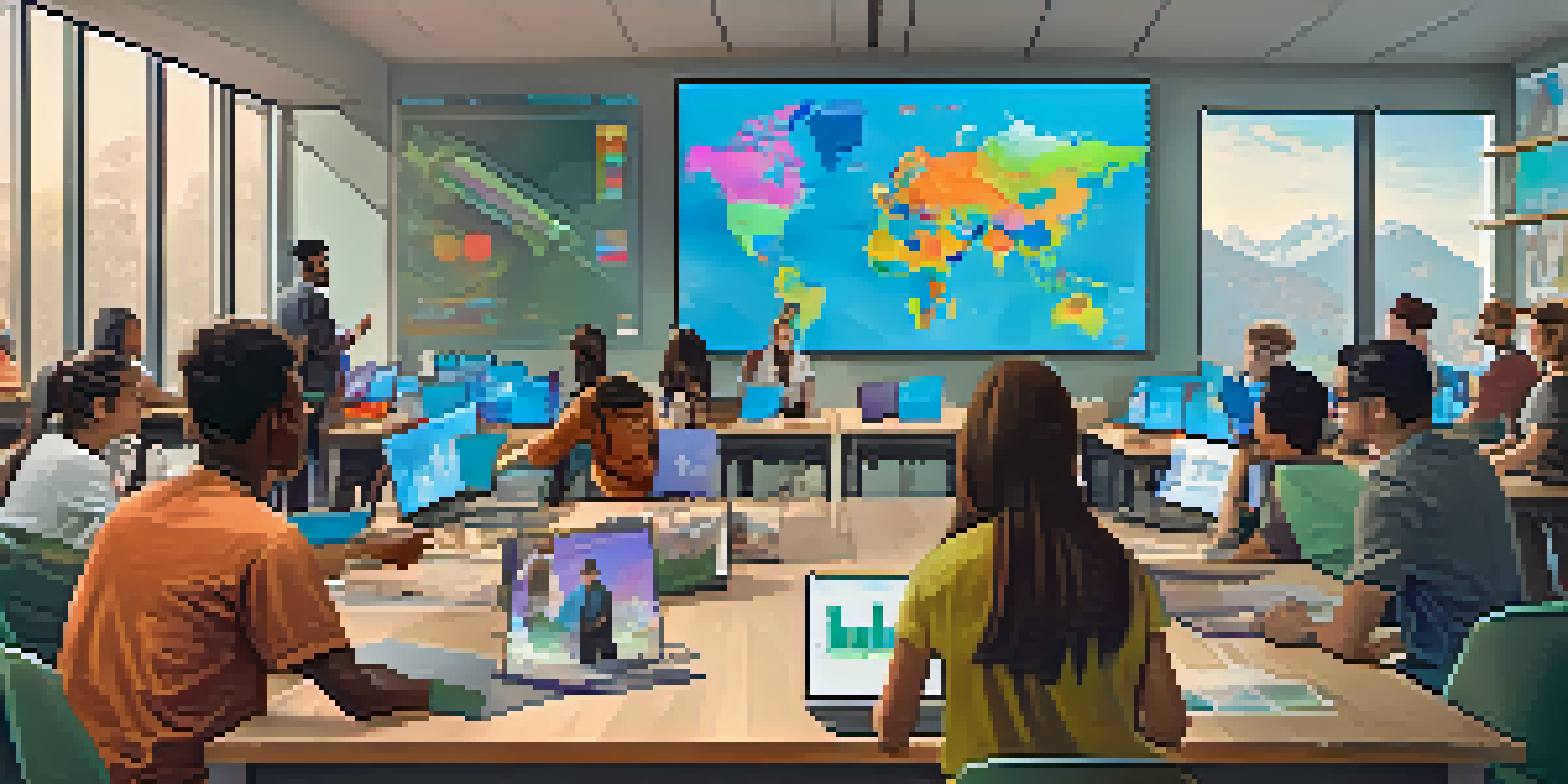 A diverse group of students collaborating in a virtual classroom, engaged in a project with colorful digital screens around them.