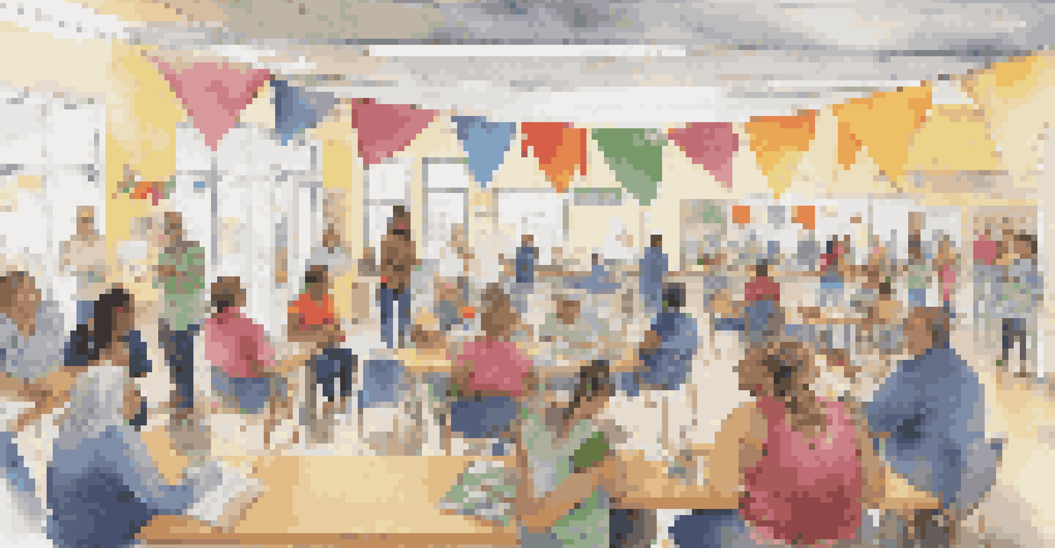 A lively community center filled with diverse individuals participating in a workshop and sharing ideas.