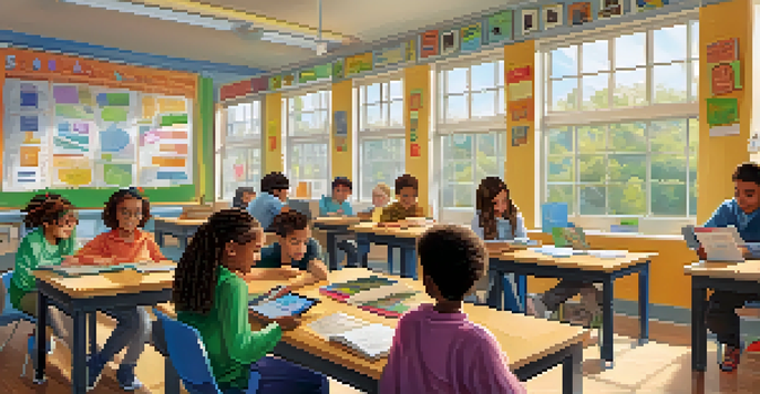 A vibrant classroom where students of different backgrounds are engaged in personalized learning with a teacher assisting them.