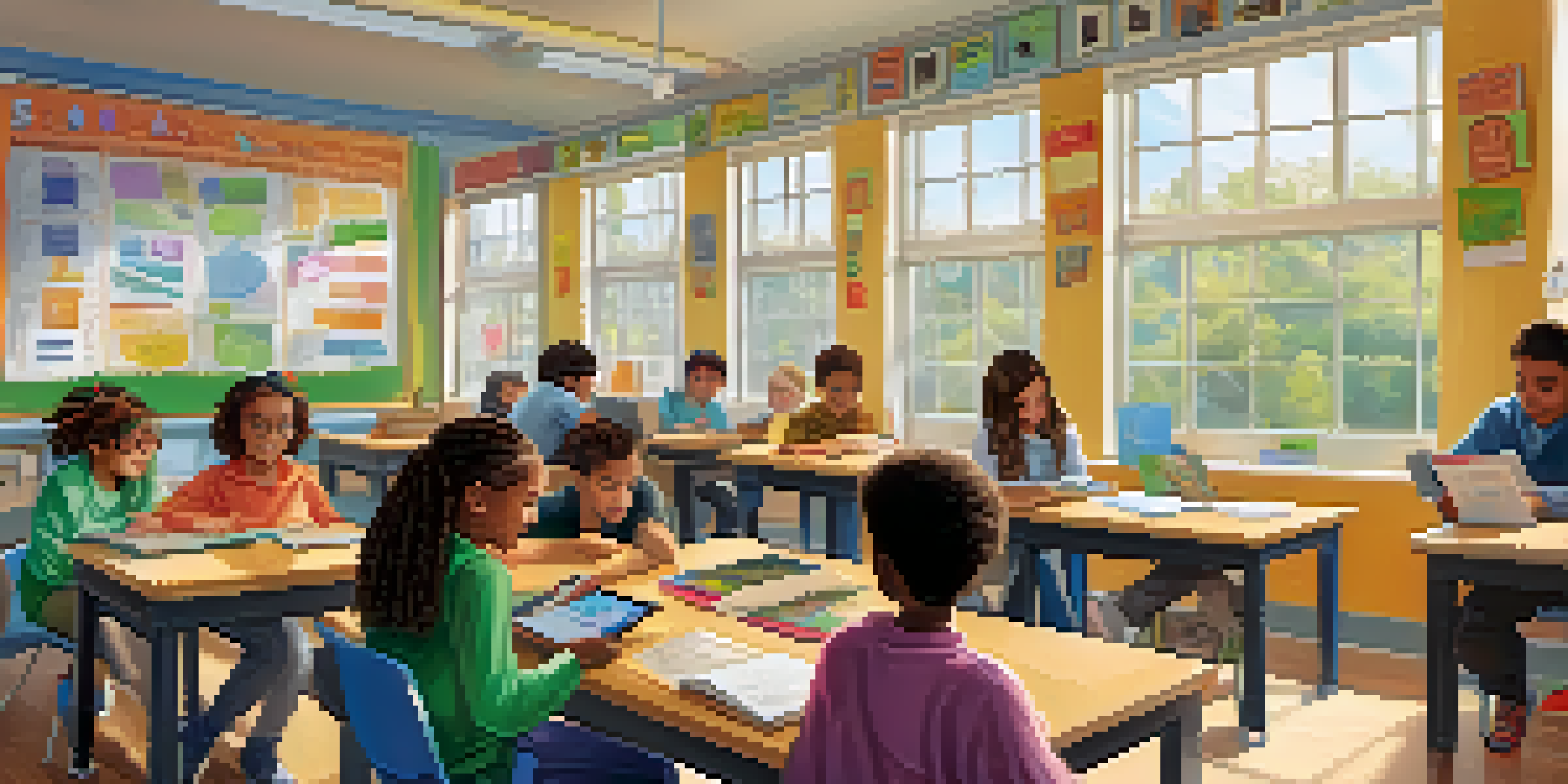 A vibrant classroom where students of different backgrounds are engaged in personalized learning with a teacher assisting them.