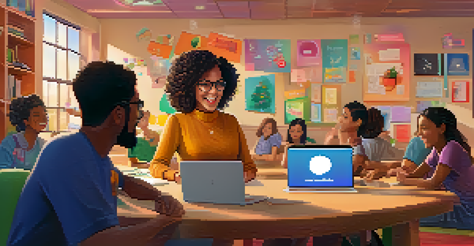 An educator leading an online class with students appearing on the screen, in a lively and brightly decorated setting.