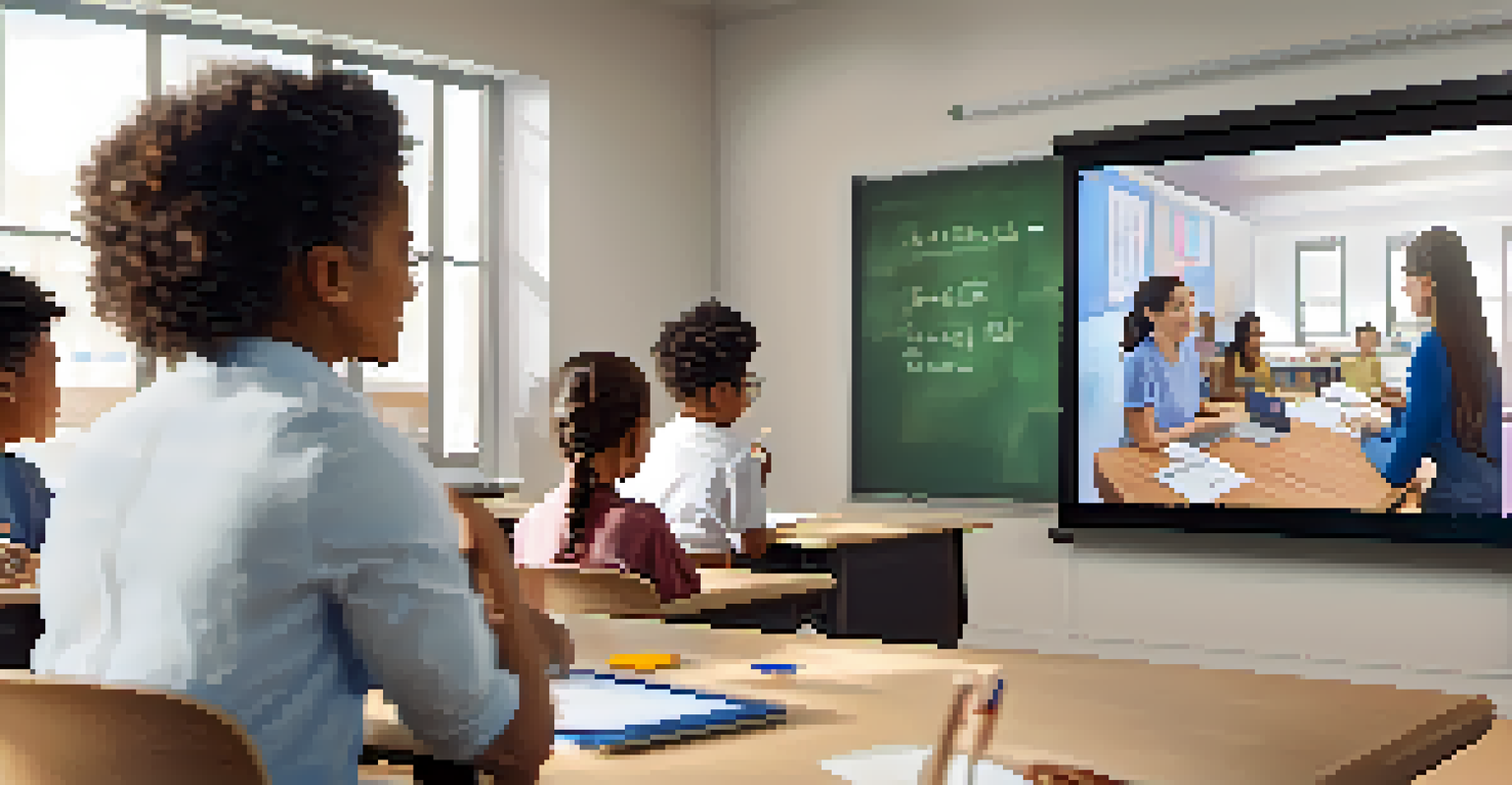 A teacher leading an online class with students visible on a large screen in a bright room.