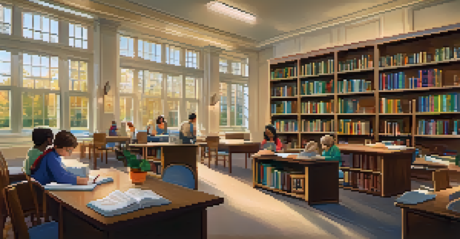 A cozy library scene with students receiving tutoring from teachers, surrounded by bookshelves and warm lighting.