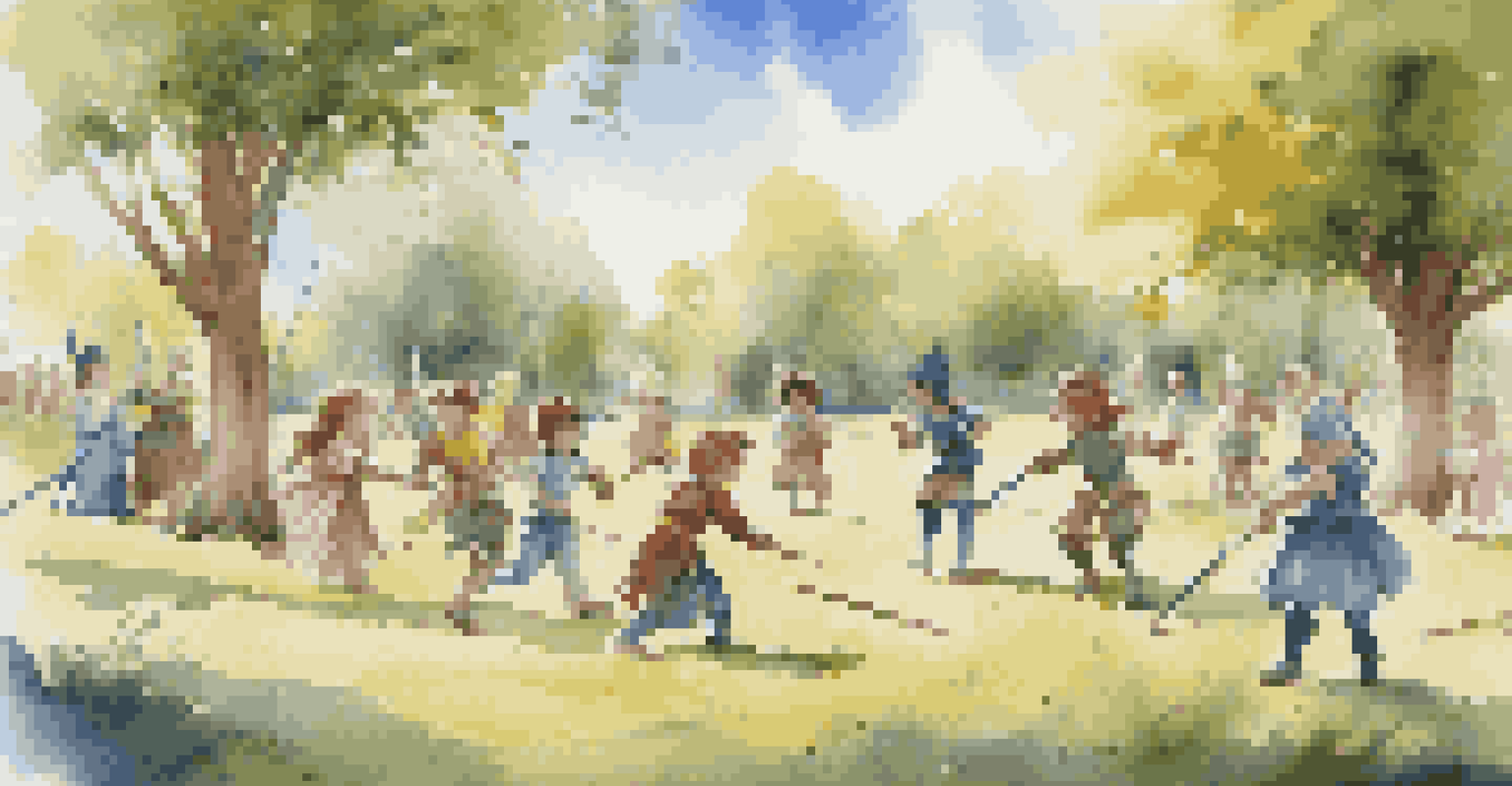 Children role-playing a historical event in a sunny park, surrounded by nature, wearing costumes and using props, capturing a sense of joy and engagement.