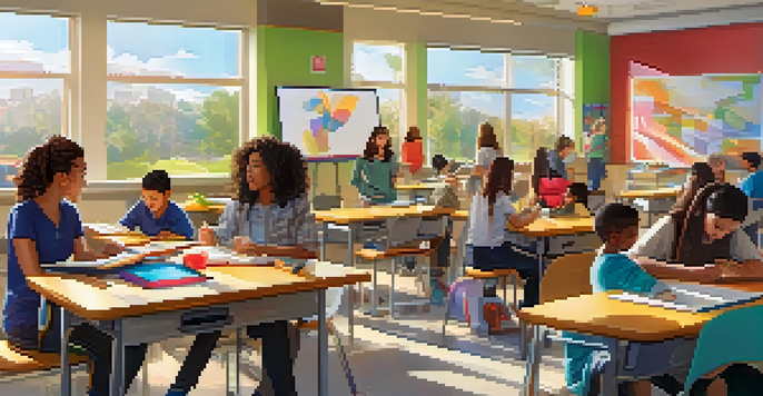A vibrant classroom with students using adaptive learning technology and a teacher assisting a student with a digital tablet.