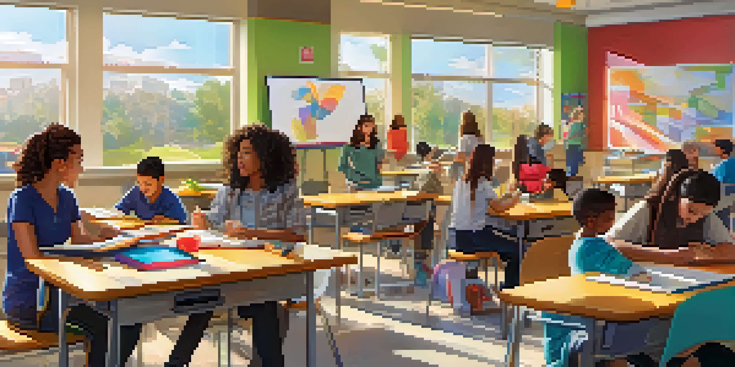 A vibrant classroom with students using adaptive learning technology and a teacher assisting a student with a digital tablet.