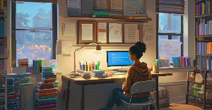 A student at a desk engaged in remote learning with books and a laptop, surrounded by motivational quotes.