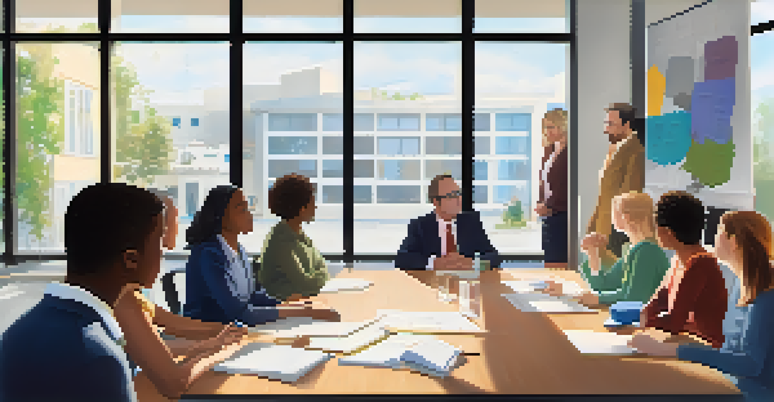 School leaders in a conference room discussing strategies for enhancing teacher well-being.