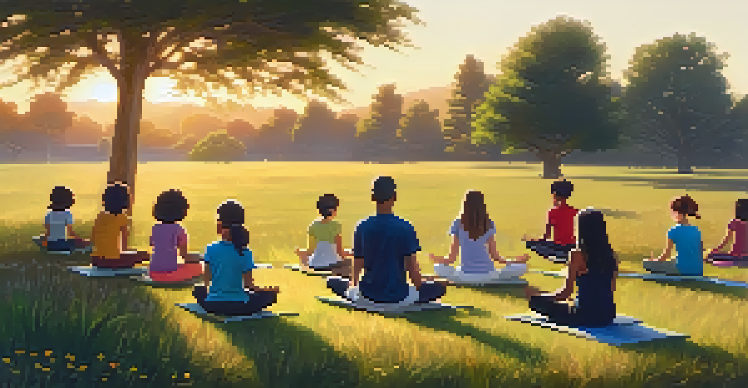 A teacher leading students in stretching exercises outdoors during sunset.