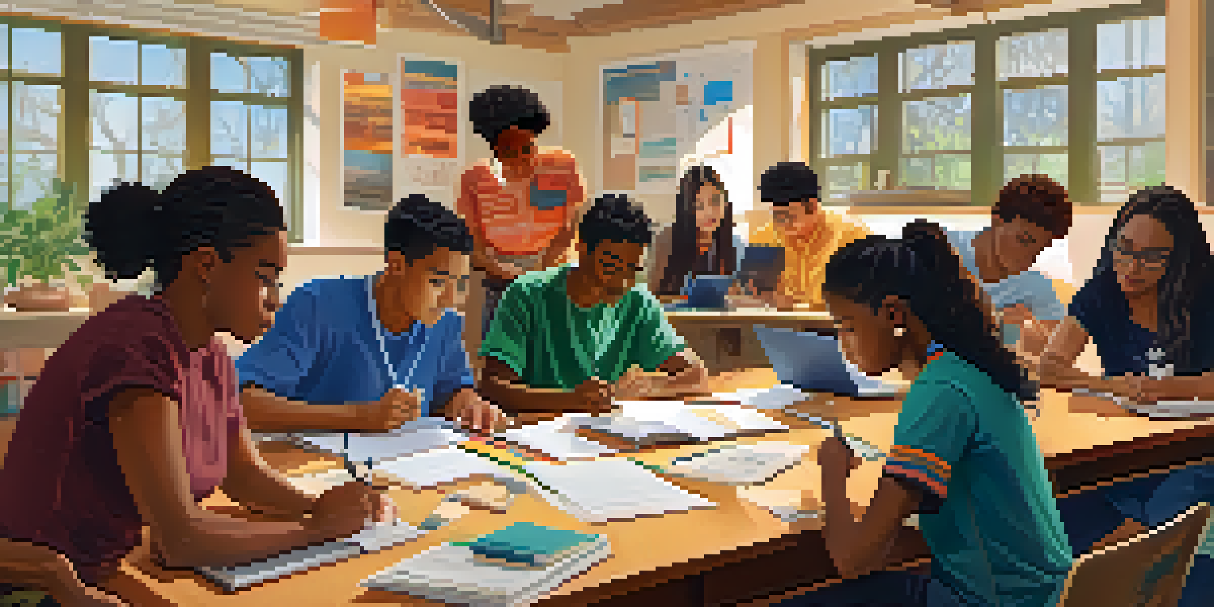 A group of diverse students collaborating on a project at a table filled with books and laptops, under warm lighting.