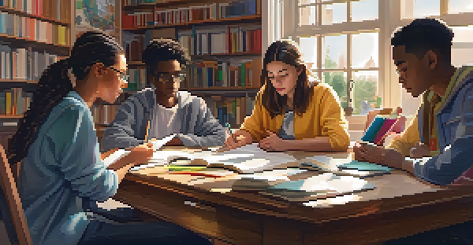 A diverse group of four students working together at a table, sharing knowledge and learning from each other in a bright and cozy study space.