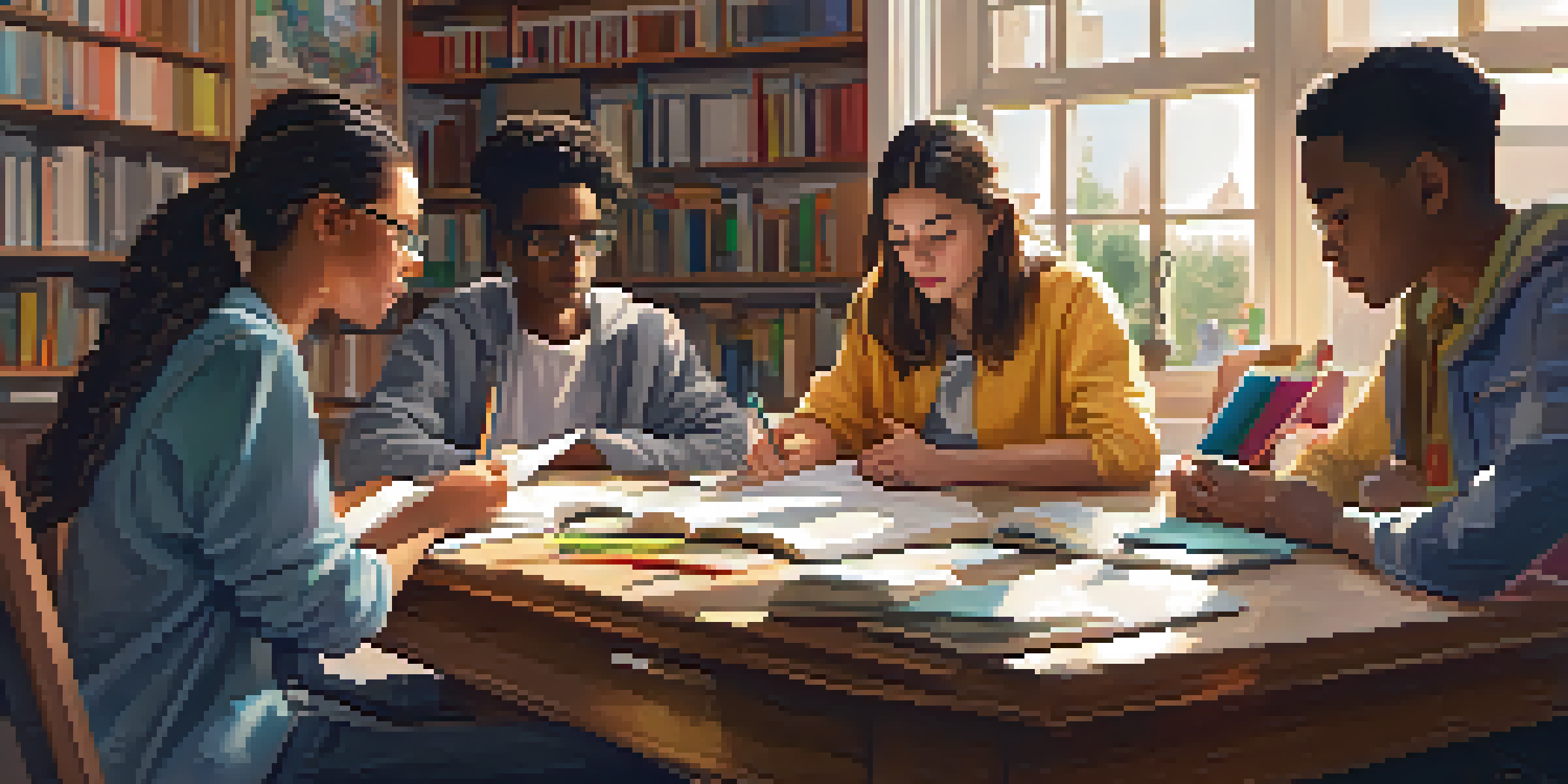A diverse group of four students working together at a table, sharing knowledge and learning from each other in a bright and cozy study space.