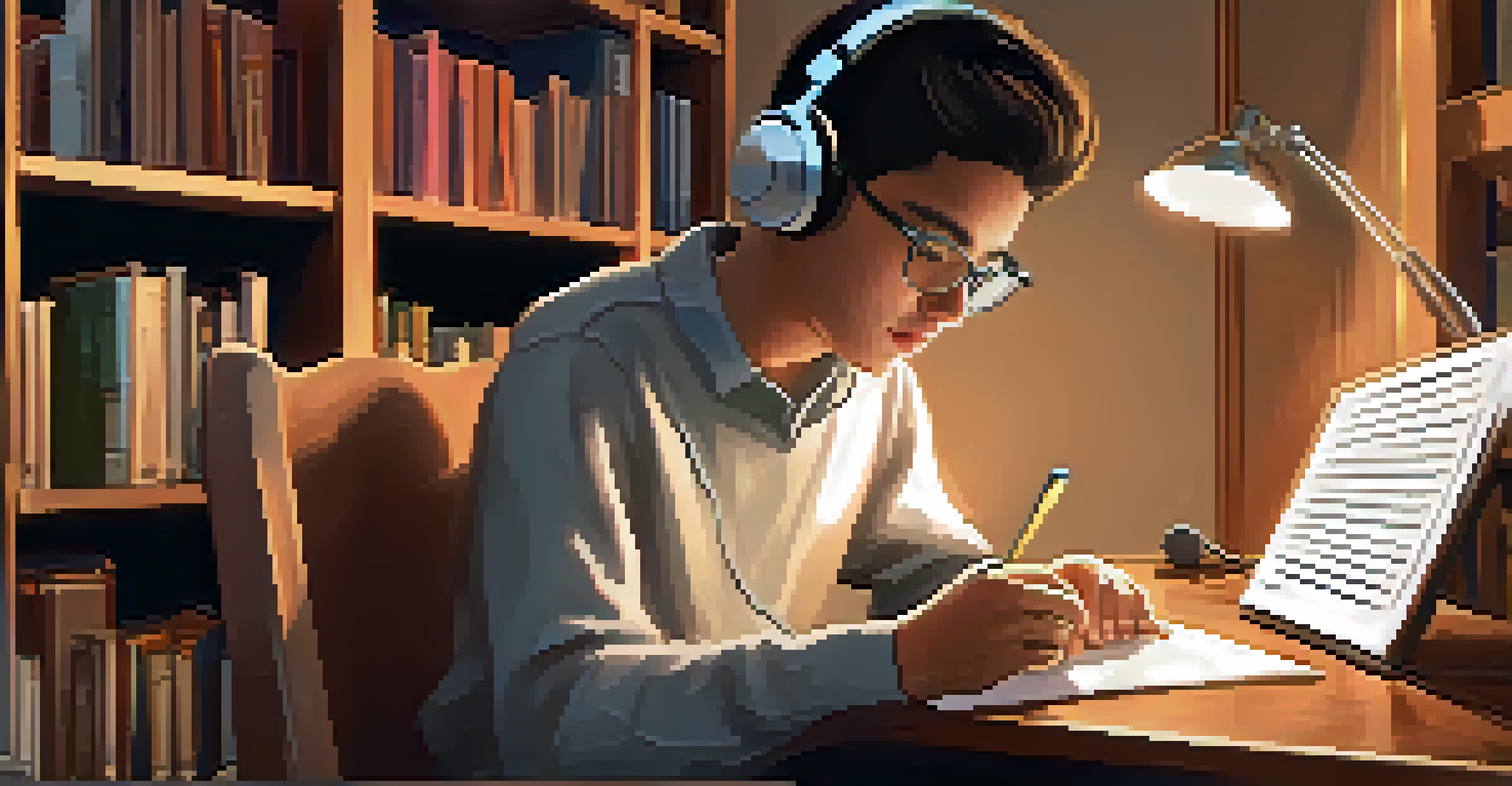 A visually impaired student listening to a mobile app that reads textbook content aloud, surrounded by books in a cozy study nook.