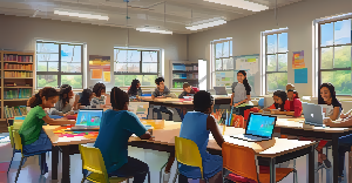 A diverse group of students working together on a project in a bright classroom filled with educational materials.