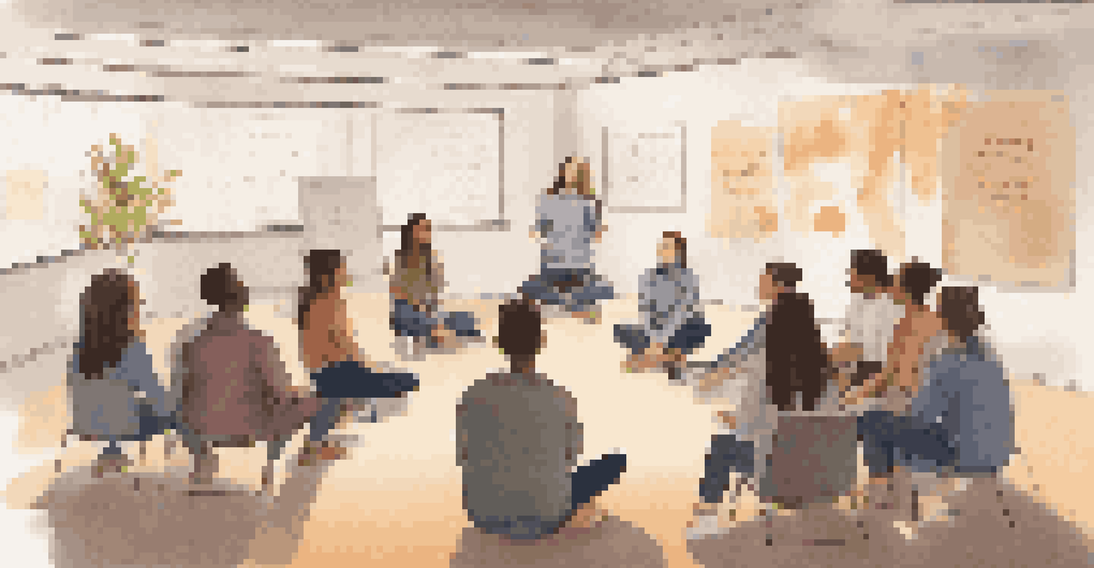 An instructor and students in a circle discussing feedback, with motivational posters in the background and warm lighting creating a safe atmosphere.