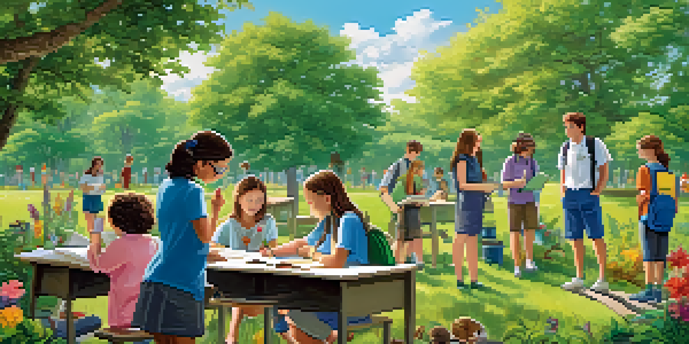 Students exploring nature in an outdoor classroom, observing plants and insects with a teacher in a sunny park.